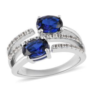 Created Blue & White Sapphire Ring in 925 Sterling Silver